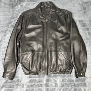 American Classic Mens Black Leather Bomber Jacket Full Zip Quilted 640629 M